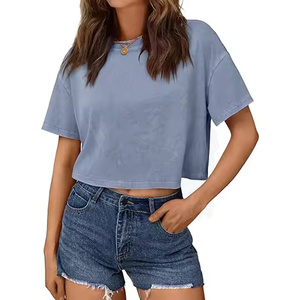 Wholesale Pure Cotton Slim Fit Summer Women's T-shirts Acid-washed Style Knitted Fabric Custom Logo crop <b>top</b> Women T Shirt - Product Image 6