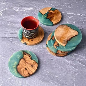 Handmade Natural Wood & Epoxy Resin <b>Coasters</b> Set of 4 Round <b>Teal</b> Green Drink <b>Coasters</b> Inlay Design 10cm Diameter REHMAN CRAFT - Product Image 1