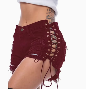 Shorts de mezclilla de cintura alta para mujer, con cordones, dobladillo deshilachado, estilo sexy de verano, estilo streetwear, de algodón. - Product Image 3
