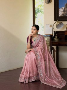 Premium <b>Tissue</b> Organza Saree Heavy Floral Embroidery | Winter Designer Indian <b>Wedding</b> Party Wear Saree Blouse Stretchable - Product Image 4