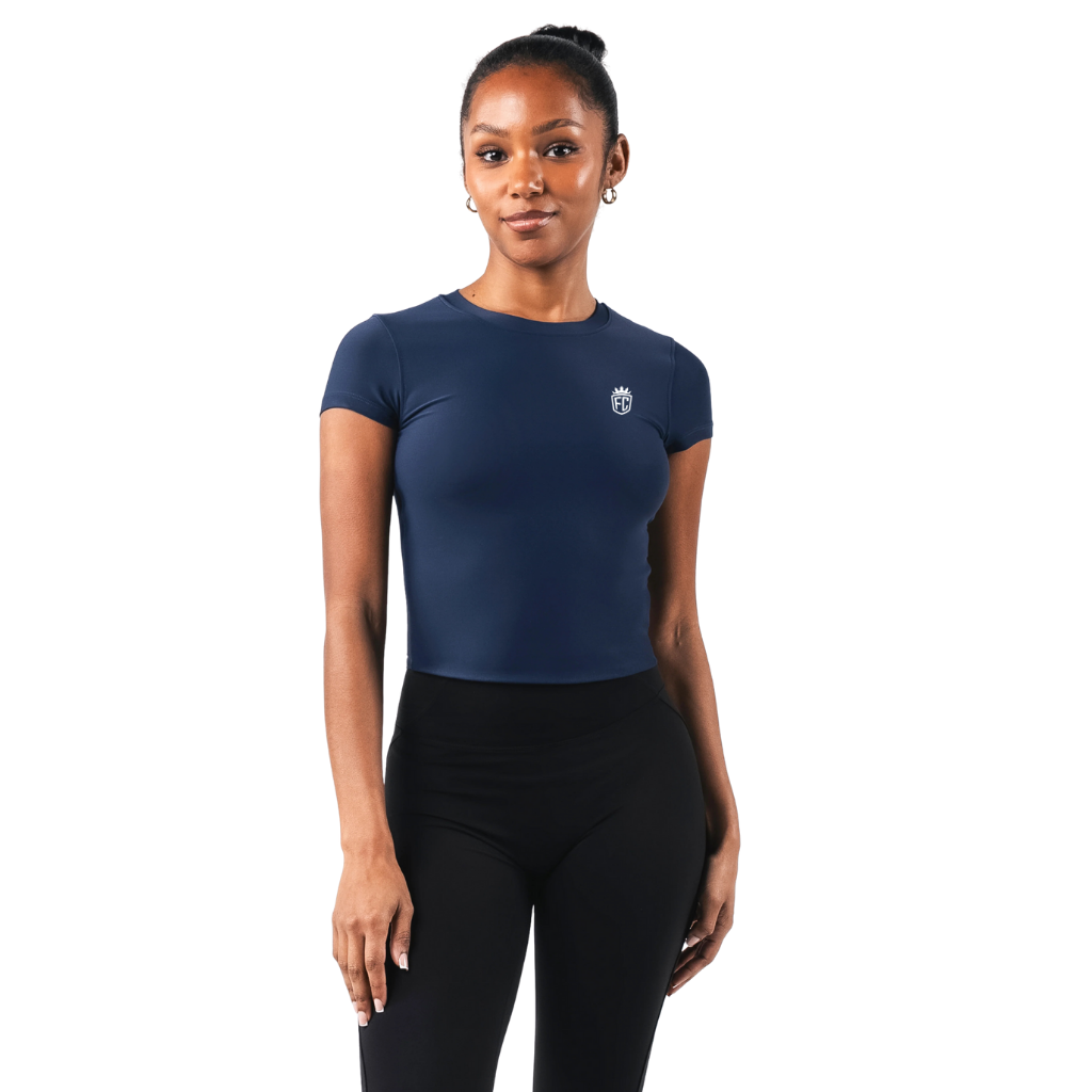 Womens Double Layered Short Sleeve Tee Anchor Blue Soft Stretch Fit Gym Yoga Workout Training Wear