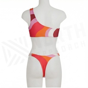 Ensemble bikini asymétrique à une épaule pour femme, imprimé géométrique, extensible, en spandex et polyester, bas de bikini string, coupe classique - Product Image 2