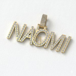 Trendy Iced 14K <b>Solid</b> <b>Gold</b> Bling Diamond Sparkling Crystal Custom Cursive Name Letter Fine Brilliant Cut Unisex <b>Pendants</b> Charms - Product Image 1