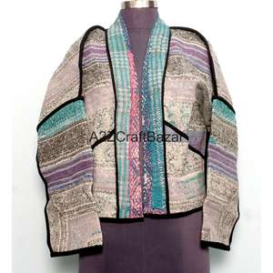 Chaqueta de Punto Reversible Hecha a Mano, Ecológica, Transpirable, de Secado Rápido, Estilo Vintage Kantha, con Cuello Alto y Botones, para Mujer, 100% Algodón, Otoño - Product Image 1