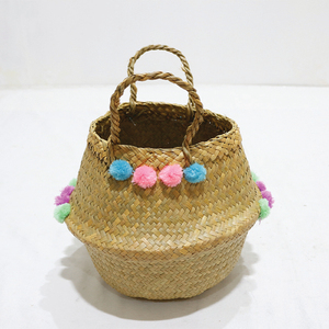 Panier de rangement coloré en feuilles de palmier naturelles avec poignées, panier de rangement multifonction en forme de bol - Product Image 3