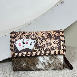 Cartera de señora con ribete de cuero de vaca genuino y tooled, gran oferta, Cartera de ases de tres pliegues de cuero occidental, tarjetero organizador, carteras - Product Image 5