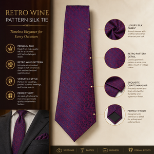 Corbata de poliéster con estampado de vino retro para hombre |   Corbata de Diseño de Lujo |   Corbata Elegante para Boda, Fiesta, Negocios, Formal, Premium, Moda, Color Vino - Product Image 4