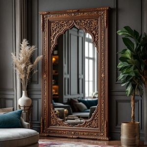 Miroir mural décoratif en bois, miroir rectangulaire cintré, cadre sculpté, salon, entrée - Product Image 1