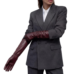 Gants longs en similicuir bordeaux foncé pour femme, gants de soirée formels pour opéra, gants sexy en cuir PU rouge foncé pour fête - Product Image 1