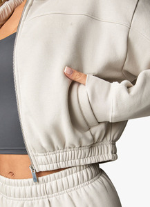 <b>Cropped</b> Hooded <b>Zip</b>-<b>Up</b> Sweatshirt Solid Color Oversized Fit Casual French Terry Unisex Autumn Wear - Product Image 3