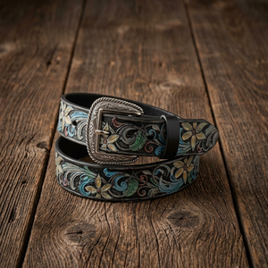 Cinturón de Cuero Occidental con Diseño Floral Pintado a Mano, Cinturón Vaquero de Lujo con Grabado de Hojas en Piel de Vaca Premium, Listo para Enviar - Product Image 4