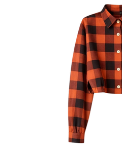 Chemisier court personnalisé à carreaux orange et noir pour femme, col rabattu, manches longues, boutonné, style décontracté, fournisseur OEM - Product Image 3