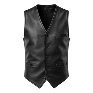 Black Mens Leather <b>Waistcoat</b> with V Neck Design Four Button Front Slim Profile Welt Pockets Pointed Hem For Wholesale Rate - Product Image 1