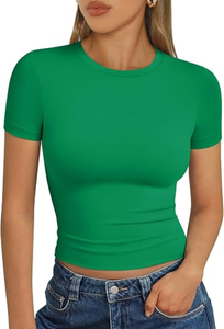 <b>Green</b> Short Sleeve <b>Crop</b> <b>Top</b> O-Neck Knitted Slim Fit Casual Solid Color Women's T-Shirt Casual Streetwear T Shirt BY SHAHI IMPEX - Product Image 2