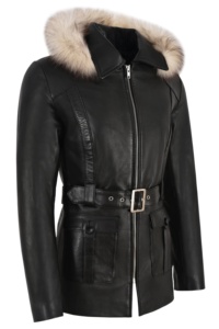 Women's Genuine <b>Leather</b> Bomber <b>Jacket</b> With Fur Hood Zipper Closure <b>Winter</b> Windproof Regular Length Solid Color - Product Image 3