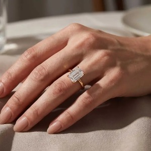 Moissanite Solitaire 3.5Ct <b>Emerald</b> Cut Diamond Engagement <b>Ring</b> in 18kt Gold Plated 925 Sterling <b>Silver</b> for Women's from India. - Product Image 2