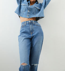 Pantalones Vaqueros de Mezclilla para Mujer, Logotipo Personalizado, Alta Calidad, 100% Algodón Lavado, Corte Recto, Holgados, Pierna Ancha, Cintura Alta, Tallas Grandes - Product Image 1