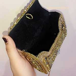 Luxury Handmade Black Velvet <b>Clutch</b> With <b>Gold</b> Embellishments Irregular Shape Metal Detailing - Product Image 3