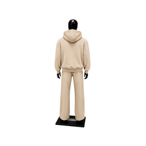 Ensemble de survêtement premium beige à capuche zippé pour homme, personnalisable avec logo, en molleton décontracté, deux pièces, style streetwear et sportswear, vente en gros - Product Image 2