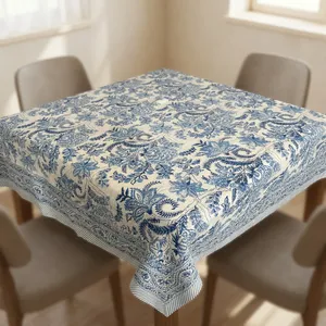 Cotton Table Cover Blue White Floral Botanical Printed Dining Tablecloth Elegant Decorative Home Decor - Product Image 1