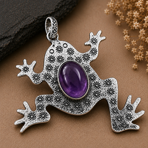 Pendentif grenouille bohème en améthyste violette, fait main, en laiton, motif animal inspiré de la nature, serti clos, ovale, plaqué or et argent, pierre précieuse - Product Image 6