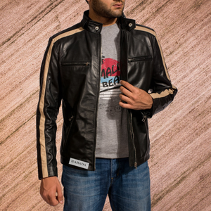 แจ็กเก็ตซิปเข้ารูปคุณภาพสูงสำหรับผู้ชายเทรนด์แฟชั่นแจ็คเก็ตหนังลายขวางสีดำงาช้าง - Product Image 5