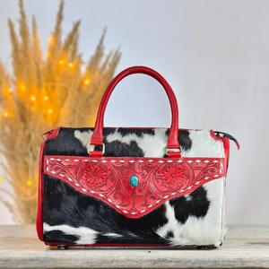 Bolsa de Viaje de Cuero con Patrón de Piel de Vaca de Lujo, con Hebilla de Concho Turquesa y Cierre de Cremallera, Bolso de Mano para Mujer - Product Image 1