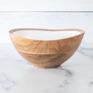 Attractive Wood <b>Serving</b> <b>Bowl</b> with Food-Safe White Enamel Interior <b>Large</b> Shallow Salad and Fruit <b>Bowl</b> for Modern Kitchen Decor - Product Image 6
