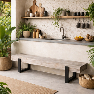 Banc industriel moderne en bois massif naturel à bords bruts, tabouret long en bloc de bois récupéré, pieds en métal noir robustes, pour jardin et terrasse - Product Image 5