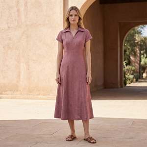 Robe midi trapèze rose en coton et lin pour femme, avec empiècements, en tissu léger, style moderne, coupe confortable pour le quotidien - Product Image 1