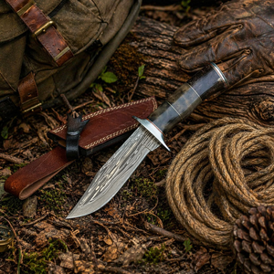 Handmade Camping <b>Knife</b> with Drop Point Blade and Straight Edge in Damascus Steel <b>Bone</b> <b>Handle</b> with Leather Sheath - Product Image 4