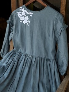 O-Neck Linen Midi Dress With <b>White</b> Floral Embroidery Ruffle Sleeve Loose Fit Casual Spring Summer Comfortable Dress For Women - Product Image 3