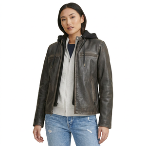 Chaqueta de Motociclista para Hombre, de Cuero Genuino, con Capucha, Cierre de Cremallera, Color Sólido, Corte Regular, Estilo Otoñal - Product Image 5