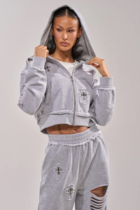 Conjunto de Sudadera con Capucha y Cremallera Gris Oversize, Pantalones de Pierna Ancha con Diseño de Corte, Ropa Unisex para Otoño, 100% Algodón Transpirable y Ecológico - Product Image 6