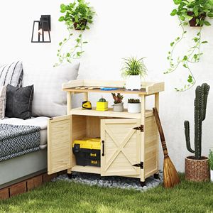 Banco da Giardinaggio in Legno Naturale con Armadietto e Piano in Alluminio per Uso Esterno con Ruote in Gomma - Product Image 2