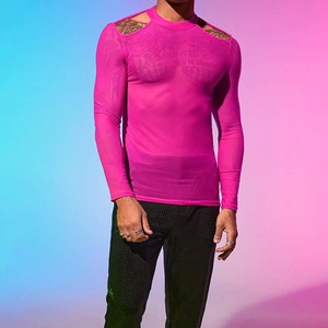Camiseta Transparente de Malla Rosa para Hombre, Camiseta de Manga Larga Transparente, Camiseta de Malla Transparente Estilo Y2K, Camiseta de Malla de Red para Playa o Piscina - Product Image 3