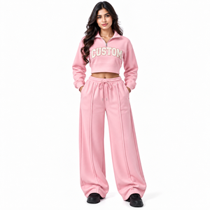 Conjunto de chándal rosa para mujer con cremallera de un cuarto, pantalones de chándal de pierna ancha, sudadera con media cremallera bordada personalizada, venta al por mayor OEM, marca privada - Product Image 1