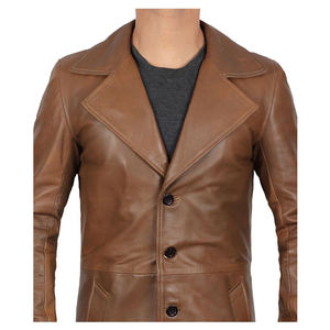 Brown Genuine Leather Long Trench <b>Coat</b> Notched Collar <b>Single</b> <b>Breasted</b> Button Closure Casual Autumn Outerwear - Product Image 5