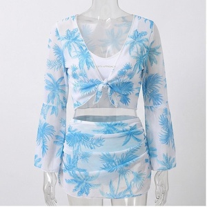 Women's Blue Palm Print 2 Piece Tankini <b>Set</b> Deep V Neck Twist Top With Ruched <b>Skirt</b> Stretch Swimwear - Product Image 1
