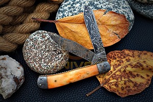 Handmade Stainless Double Blade Damascus Drop Point Folding Pocket <b>Knife</b> <b>Bone</b> <b>Handle</b> DIY OEM EDC Hunting Camping Outdoor <b>Knife</b> - Product Image 3