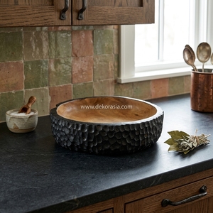 Tazón Decorativo Redondo de Madera de Teca Ecológica con Diseño Tallado Antiguo de Arte Moderno para Frutas, Aperitivos y Decoración de Mesa - Product Image 6