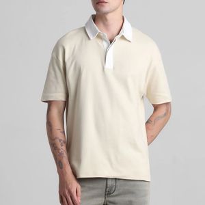 Men's Regular Fit Cotton Oxford <b>Polo</b> Shirt Short Sleeve Solid Color Contrast Trim Casual Style <b>White</b> Collar - Product Image 1