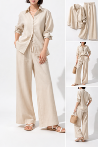 Conjunto de Camisa de Lino y Algodón con Encaje para Mujer, Estilo Casual de Verano, Blusa de Manga Larga, Pantalón Recto de Pierna Ancha con Bolsillos, Ecológico - Product Image 2