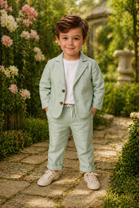 Custom Boys Beige Linen Suit <b>Set</b> Casual Formal Kids <b>Blazer</b> and Drawstring Pants Outfit for Wedding Party Summer Wear - Product Image 3