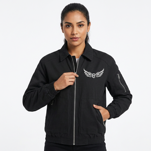 <b>Men's</b> Black Bomber <b>Jacket</b> Canvas Breathable Windproof with Logo Zipper Front Streetwear Style Autumn Wear - Product Image 6