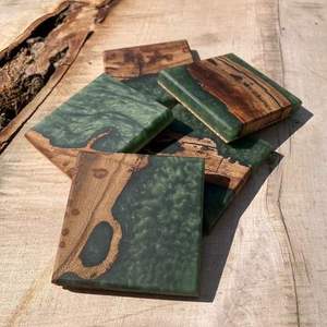 Handmade Wood Resin <b>Coaster</b> Set Square Modern Design Mats & Pads 4 Pcs <b>Teal</b> Green Natural Edge - Product Image 1