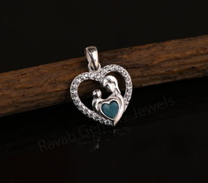 Arizona Turquoise 5mm Heart Shape Mother Baby Design Rhodium Sterling <b>Silver</b> Pendant Pave CZ Bezel Setting Unisex Gift Jewelry - Product Image 3