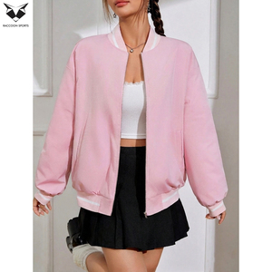 Veste universitaire rose à manches longues avec fermeture éclair, bordure contrastante, coupe classique, pour femme, tenue d'automne, couleur unie, col rabattu - Product Image 3