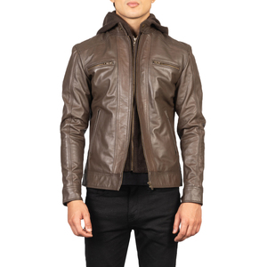 Men Brown Genuine Leather <b>Biker</b> <b>Jacket</b> Slim Fit Asymmetrical Zip Motorcycle Style Turn-down Collar Regular Sleeve Waterproof - Product Image 5