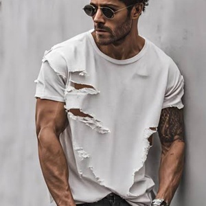 Camiseta de Hombre Personalizada al por Mayor, Estilo Vintage, Lavado Desgastado, Rota, de Gran Gramaje, con Efecto de Capas, Estilo Grunge Streetwear, con Agujeros - Product Image 6